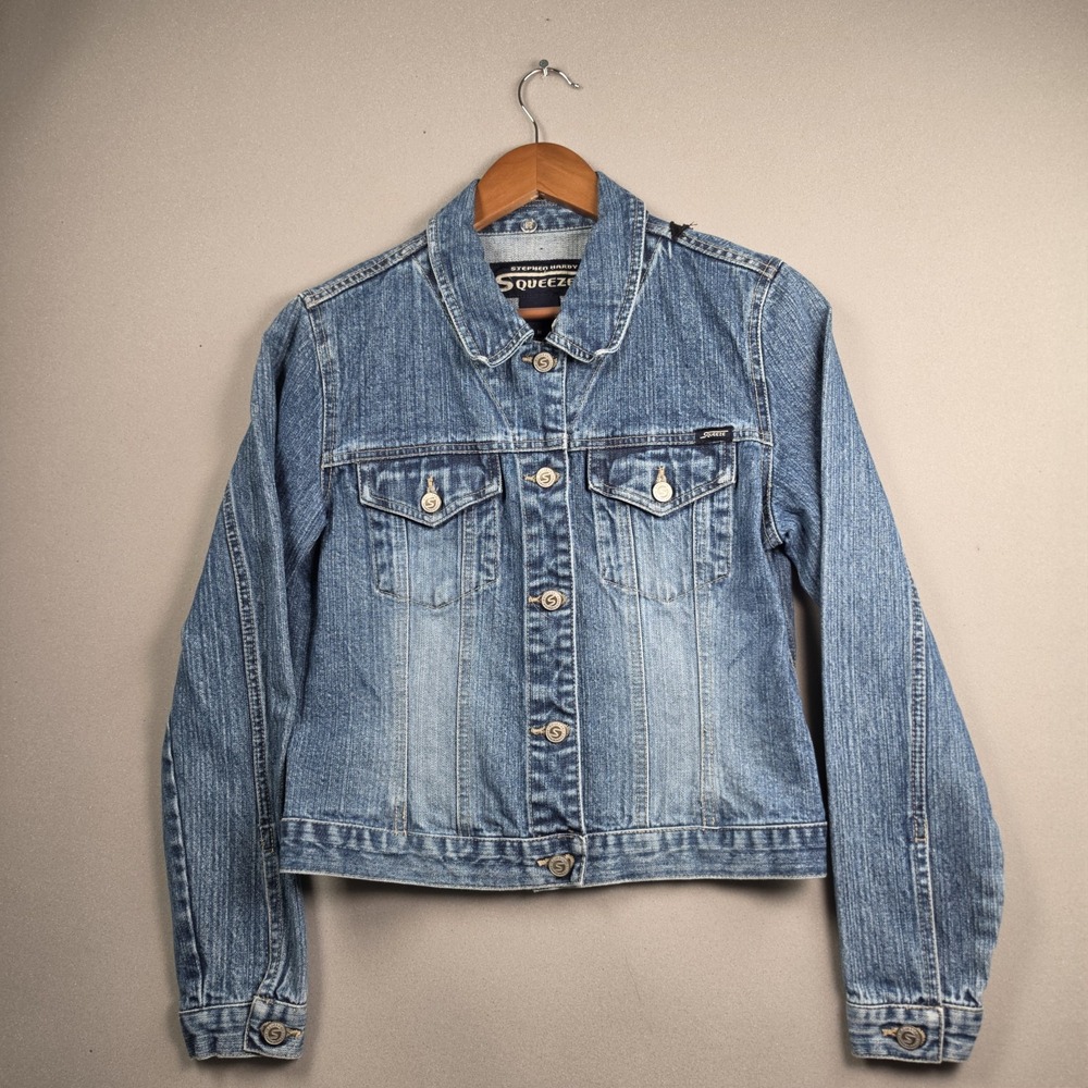 Squeeze Stephen Hardy Reworked Blue Denim Jacket Custom Rabbit Patch Womens M - Picture 2 of 9